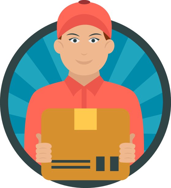 包裹递送男孩概念，邮政矢量圆形图标设计，白色背景上的专业制服符号，劳动节的人股票插图，字符职业标志图片下载