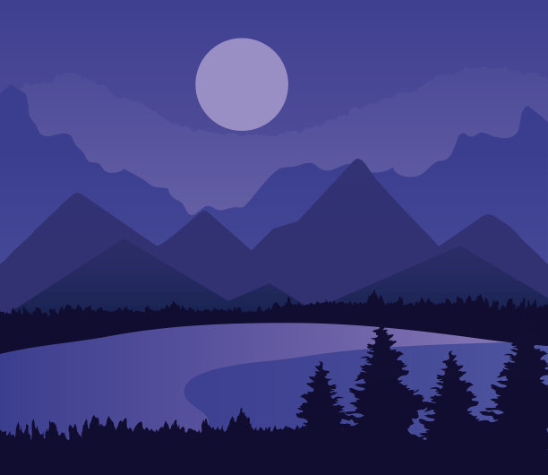 山水，山，松，湖，月图片下载