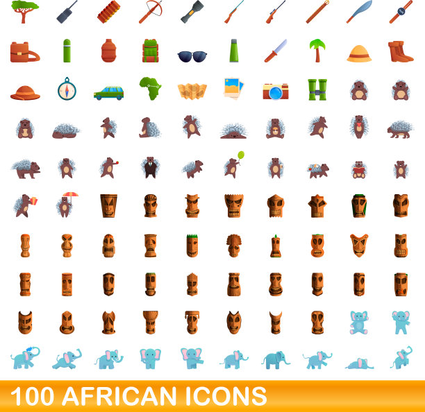 100个非洲图标设置卡通风格图片下载
