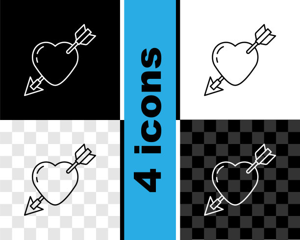Set line Amour symbol with heart and arrow icon isolated on black and white, transparent background. Set line Amour symbol with heart and arrow icon孤立在黑色和白色，透明背景上。爱的信号。情人节的象征。向量图片下载