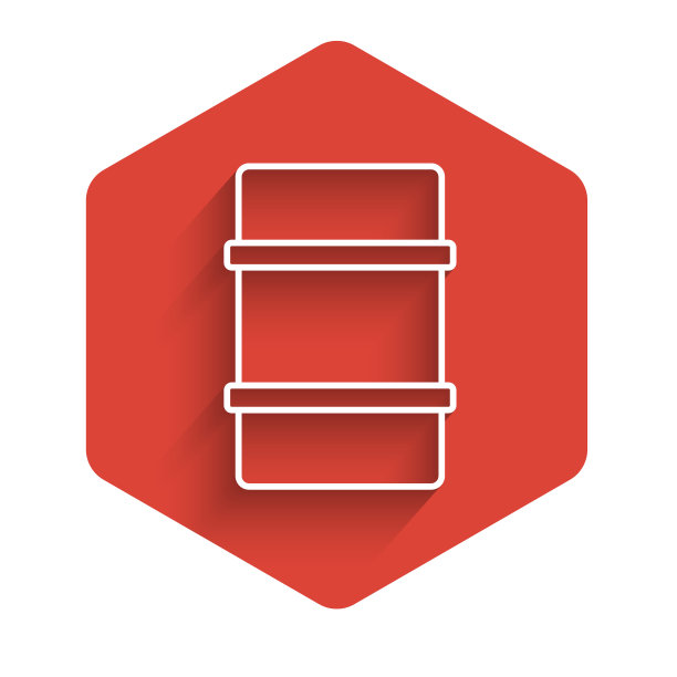 白色线金属啤酒桶图标孤立与长阴影。红色的六角按钮。向量图片下载