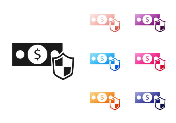 黑钱与盾图标孤立在白色背景。保险的概念。安全、安全、保护、保护理念。设置图标丰富多彩。向量图片下载
