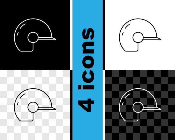 设置线棒球头盔图标孤立在黑色和白色，透明背景。向量图片下载