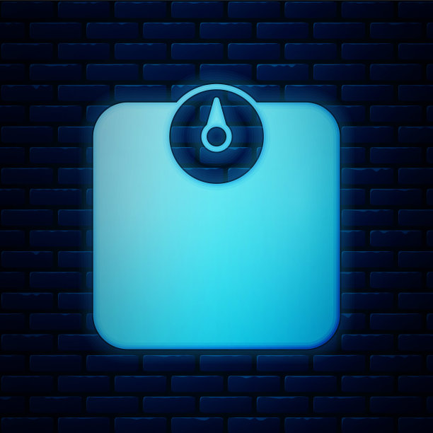 霓虹灯浴室秤图标孤立在砖墙背景上。体重测量设备。体重秤健身运动概念。向量图片下载