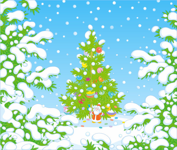 装饰圣诞树在白雪森林图片下载
