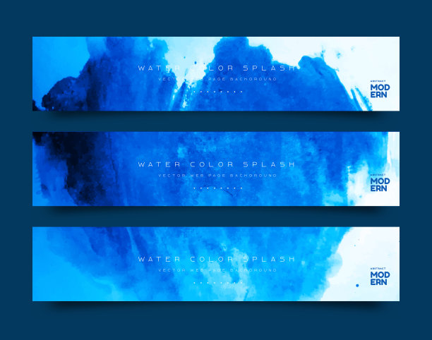 三条蓝色横幅，白色背景上有抽象的酒精水墨画图片下载