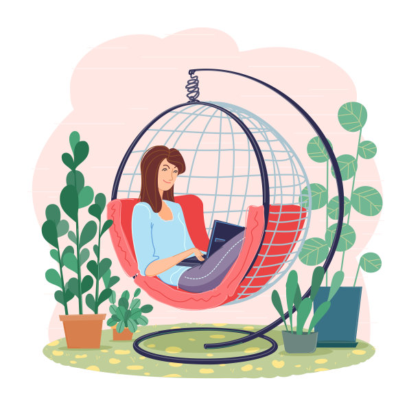 自由职业女性远程工作使用笔记本电脑在舒适的工作椅上隔离的白色。在家办公的自雇人士图片下载