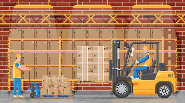 仓库的架子上有箱子和搬运工图片下载