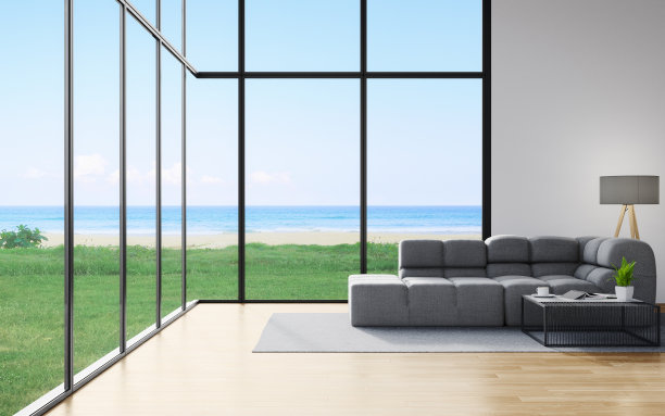 现代住宅或豪华酒店的大客厅木地板沙发。图片下载