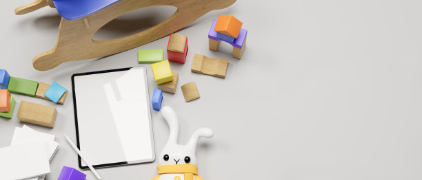 3D渲染，玩具，东西，洋娃娃，模拟数字平板电脑，玩具和复制空间的白色背景图片下载