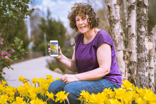 微笑的成熟女子在她的智能手机上展示黄色水仙花的照片图片下载