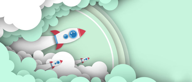 有创意的想法。”纸艺术风格的插画火箭飞过云和创业成功的概念上的绿色。纸工艺，传单，横幅，海报-3d渲染图片下载