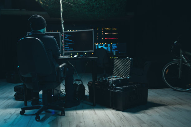 一名蒙面黑客在一个秘密藏身地操作一台电脑，电脑屏幕上显示着数据。在后台可以看到监视器和临时服务器图片下载