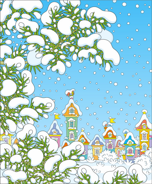 白雪覆盖的冷杉树枝和一个美丽的小镇图片下载