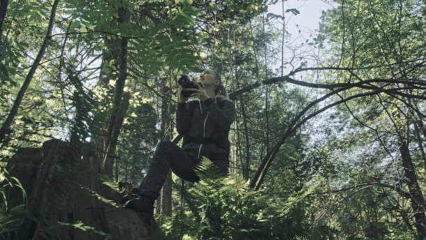 旅行者在森林中拍摄风景，一位白人女性用单反相机拍摄美景图片下载