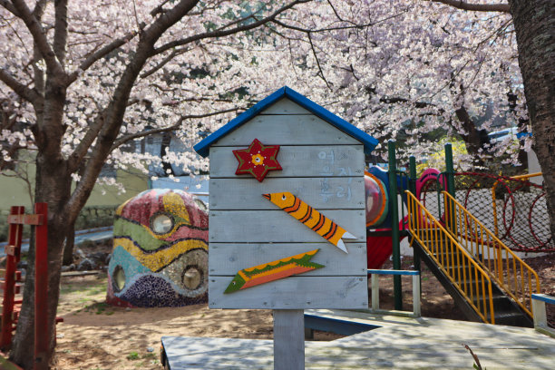 亚洲韩国釜山的木耳村春花盛开图片下载