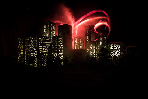 卡通风格的城市建筑。现实的城市建筑微缩灯。背景。图片下载