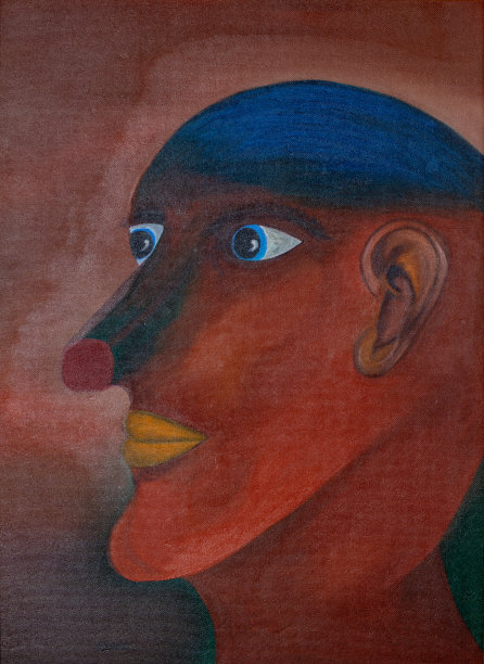 抽象的画肖像。人的头，长着尖下巴和巨大的大鼻子油画画布。图片下载