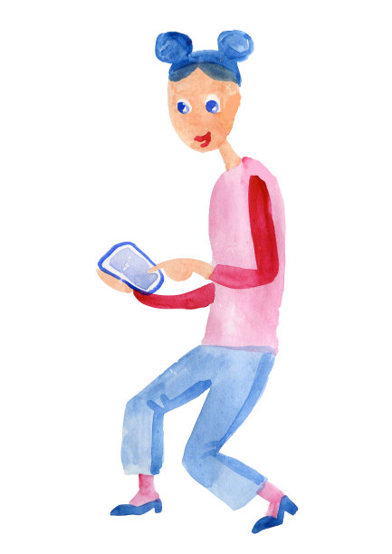 水彩插图女孩与智能手机可爱图片下载