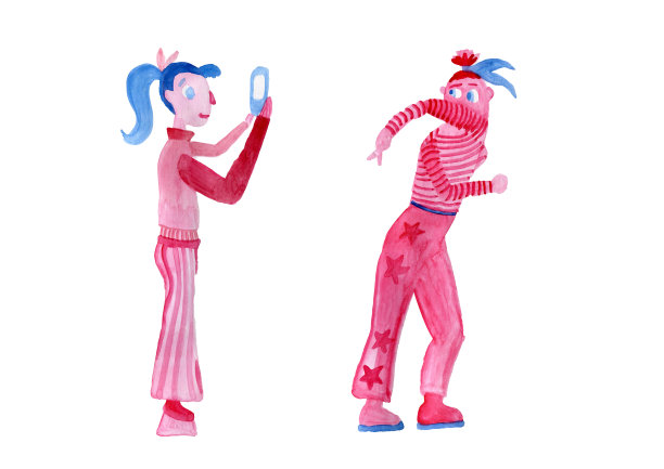 水彩插图女孩与智能手机可爱图片下载