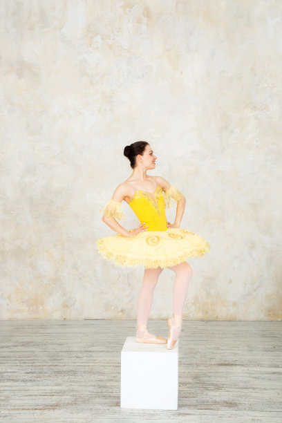 年轻的现代芭蕾舞女演员在黄色的裙子摆姿势在轻芭蕾舞室图片下载
