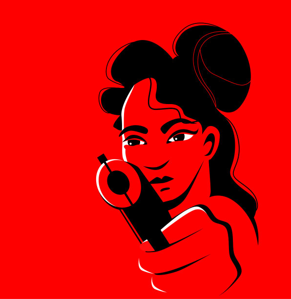 年轻美丽的亚洲女人卷发和大眼睛是瞄准从武器。危险和自信。矢量插图在红色和黑色的颜色。扣扳机的手指图片下载