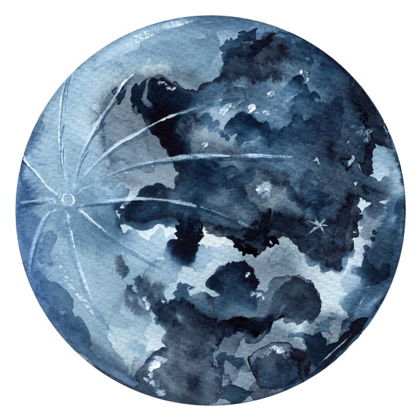 水彩海军蓝色月亮孤立的白色背景。手绘抽象插图。图片下载