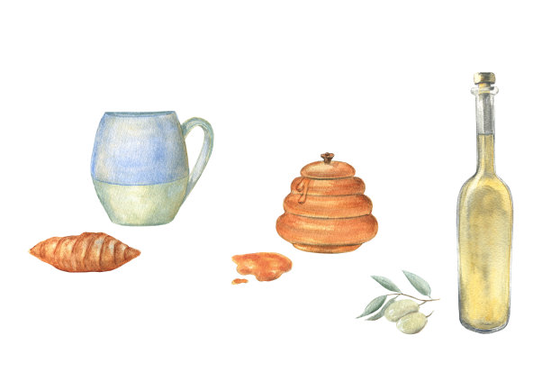 水彩画的杯子，羊角面包，蜜罐和蜂蜜坑，橄榄油瓶和橄榄。可爱的一组元素在白色孤立的背景。图片下载