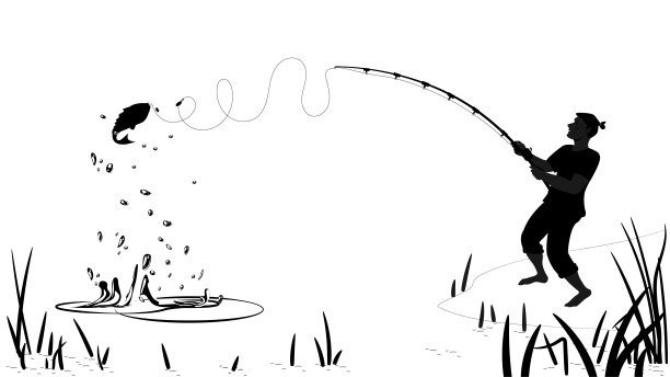 这个人抓了一条鱼。夏天钓鱼，白色背景上一个渔夫和一条鱼的黑色剪影。夏季户外休闲的概念。矢量插图在卡通风格。图片下载