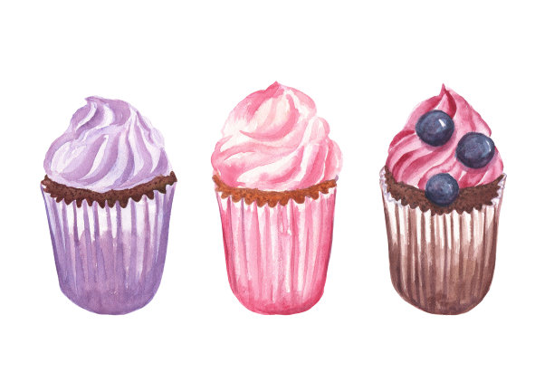 水彩插图的你与奶油蛋糕在巧克力粉紫色范围。孤立在白色背景上。用于贴纸、卡片、标签、咖啡馆设计等。图片下载