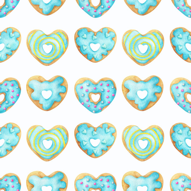 黄蓝相间的甜甜圈。一个心形饼干的水彩画图案。无缝图案上的白色背景。打印织物，纺织品，文具，纸张和任何设计图片下载