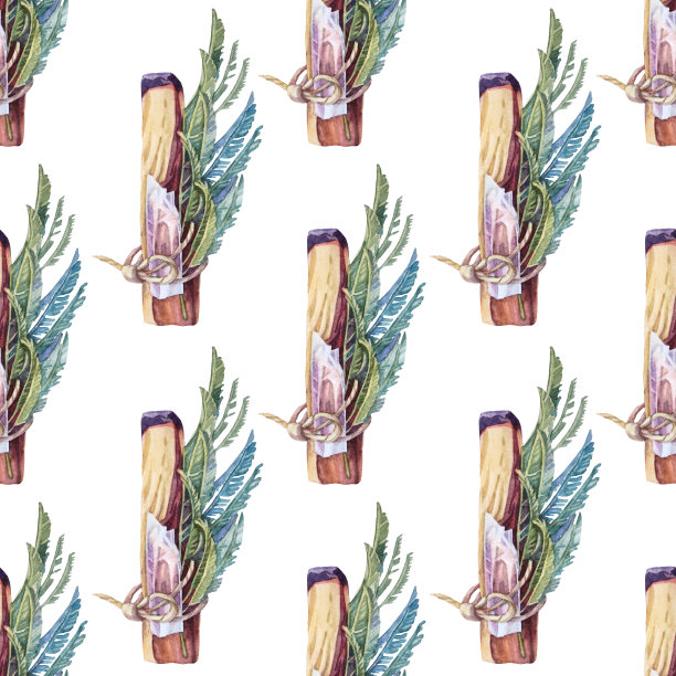 无缝图案水彩棒的帕罗桑托树香木材绷带与水晶和草药在白色的背景。手绘插图瑜伽，冥想，芳香疗法，治疗图片下载