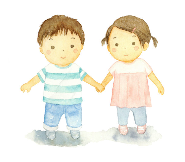 儿童手牵手散步的水彩插图。图片下载