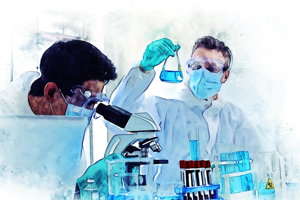 抽象的七彩青年科学家们在实验室里对水彩插画背景进行测试和检查。图片下载
