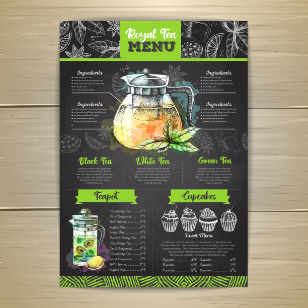粉笔画艺术餐厅皇家茶菜单设计。茶壶装饰素描。复古风格图片下载