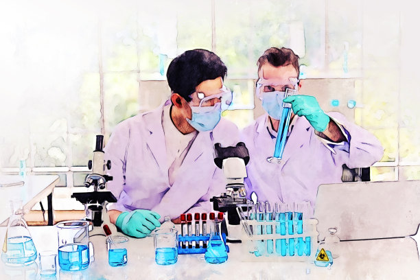 抽象的七彩青年科学家们在实验室里对水彩插画背景进行测试和检查。图片下载