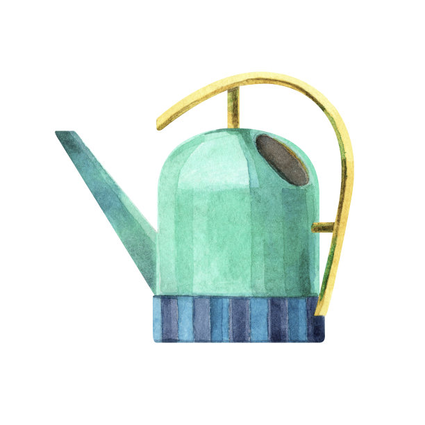 金属搪瓷绿松石浇壶，用于浇室内植物。室内装饰的一种元素手绘水彩插图，孤立在一个白色的背景。用于卡片、海报的设计。图片下载