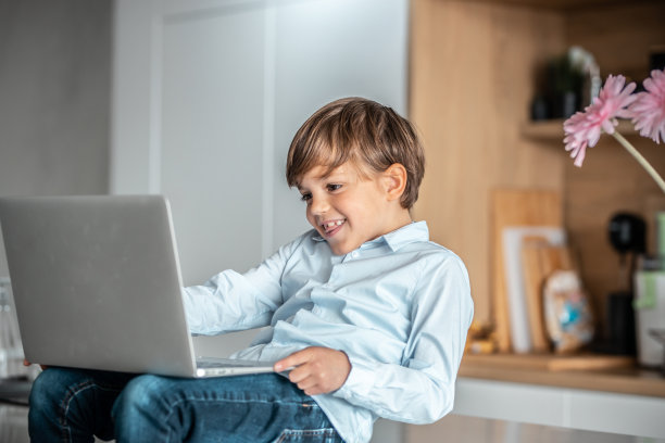 小男孩在家里用笔记本电脑图片下载