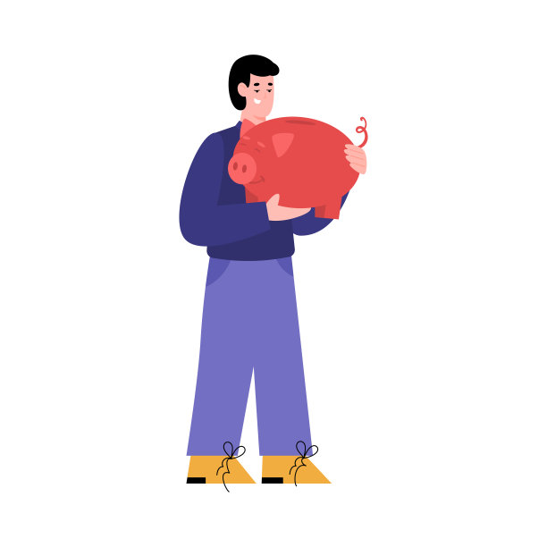 快乐的人手里拿着存钱罐，平面矢量插图孤立。图片下载