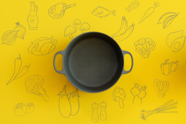 黄底空锅蔬菜，鸡，鱼和肉的涂鸦图片下载