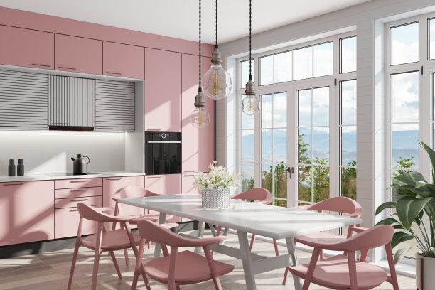 浅粉色和白色现代斯堪的纳维亚厨房配有大型餐桌和椅子。大窗户。开放式厨房概念。夏天的场景。图片下载