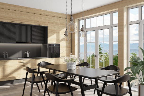 浅色木质斯堪的纳维亚现代厨房，配有餐桌椅图片下载