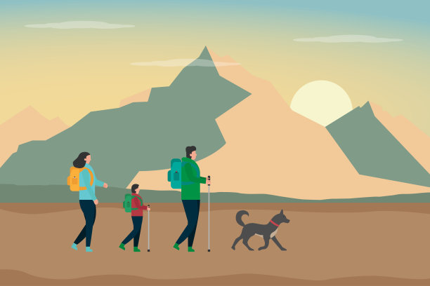 小男孩和年轻的父母一起徒步旅行图片下载