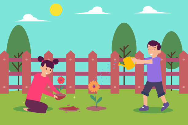 母亲和儿子在后院种花图片下载