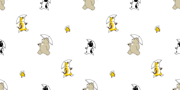 熊猫狗无缝图案法国斗牛犬鸭子北极熊伞矢量卡通重复背景瓷砖墙纸插图涂鸦设计图片下载