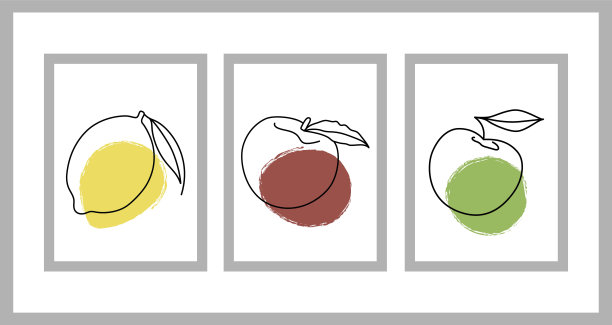 水果在线条艺术风格。设计贺卡，封面，印刷品，墙壁装饰和织物。苹果、桃子和柠檬。向量图片下载