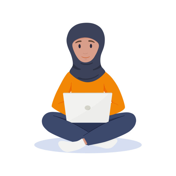一名穆斯林妇女在笔记本电脑前工作。自由的概念。图片下载