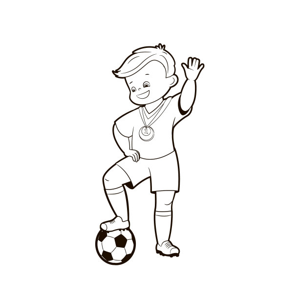 少年足球运动员胸前挂着奖牌，一只脚踩在足球上庆祝胜利。矢量插图，卡通，黑白隔离线艺术图片下载