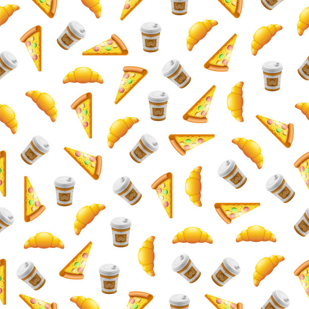 无缝图案抽象元素披萨咖啡和羊角面包快餐矢量设计风格背景插图图片下载