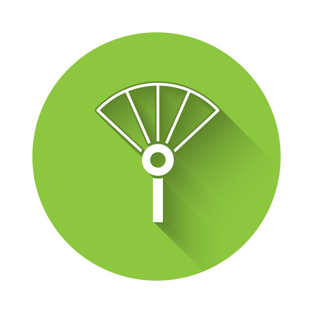 白色传统纸中国或日本折扇图标孤立与长影子。绿色圆圈按钮。向量图片下载